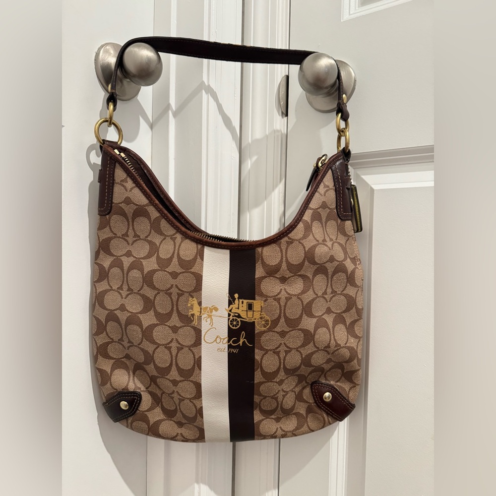Coach Signature Brown and Cream Shoulder Bag